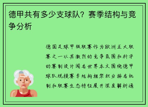 德甲共有多少支球队？赛季结构与竞争分析